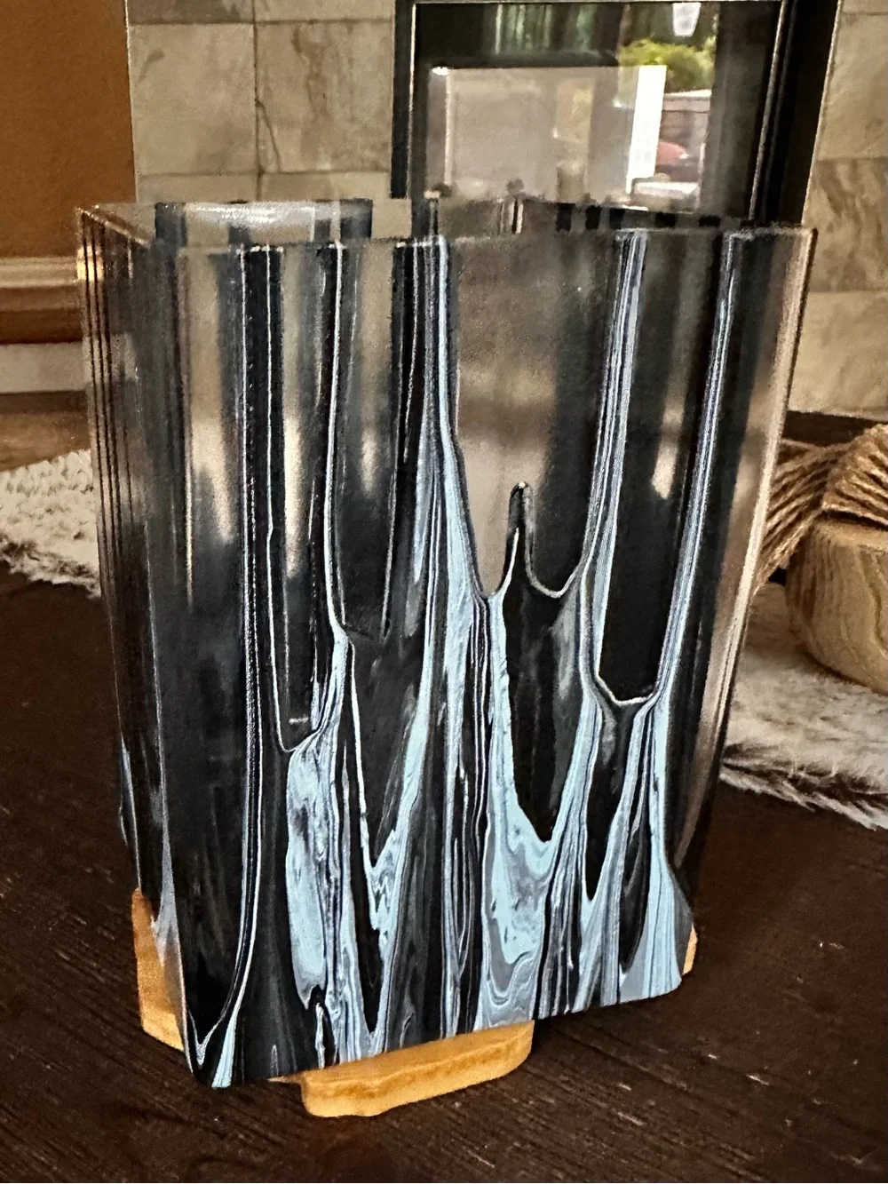 Handmade abstract acrylic painted Black, blue and Silver Swirl Glass Vase